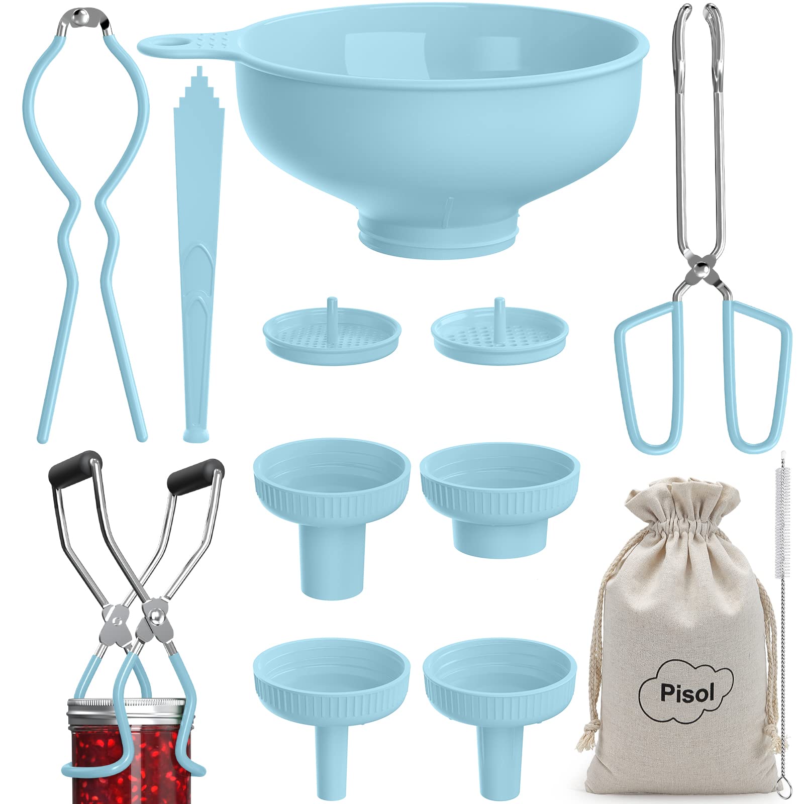 Pisol Canning Supplies Starter Kit, 13 PCS Canning Beginners Tools Set with Wide Mouth Kitchen Funnel with 4 Sizes Spout, Kitchen Tongs, Jar Lifter, jar Wrench, Bubble Popper and Lid Lifter