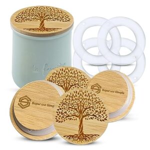 La Fermiere Yogurt Container Covers – Tree of Life Design or Choose a Design - 4 Bamboo Wood Lids Set With Extra Silicone Gaskets - Perfect Airtight Fit