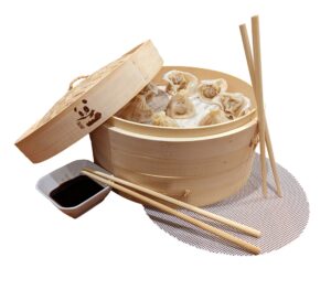 bold living 10 inch bamboo steamer basket, 2 tier natural sustainable food cooker for dumplings, vegetables, tamales, seafood, bao buns with 2 reusable nonstick liners, 2 pair chopsticks, 1 sauce dish