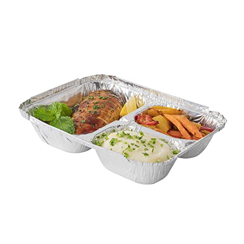 Restaurantware Foil Lux 23 Ounce Aluminum Food Containers 100 Rectangle Aluminum Pans - Lids Sold Separately 3 Compartments Silver Aluminum Foil Containers For Storing Baking And Meal Prep