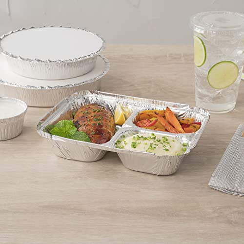 Restaurantware Foil Lux 23 Ounce Aluminum Food Containers 100 Rectangle Aluminum Pans - Lids Sold Separately 3 Compartments Silver Aluminum Foil Containers For Storing Baking And Meal Prep