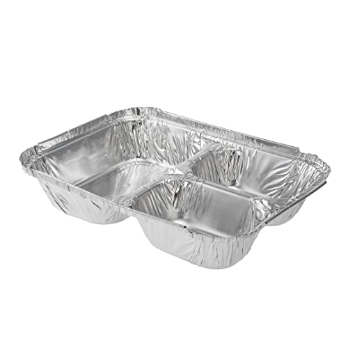 Restaurantware Foil Lux 23 Ounce Aluminum Food Containers 100 Rectangle Aluminum Pans - Lids Sold Separately 3 Compartments Silver Aluminum Foil Containers For Storing Baking And Meal Prep