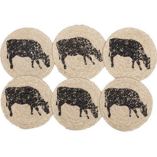 VHC Brands Sawyer Mill Cow Jute Coaster, 6-Piece Set, Bleached White, 4"