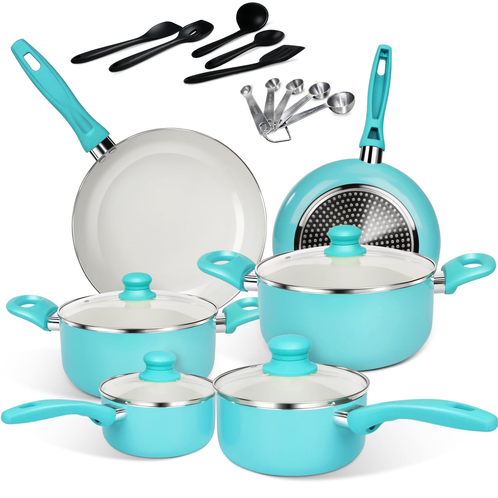 Almcmy Nonstick Cookware Set, 20 Piece Kitchen Cookware Sets, Pots and Pans Cooking Set with Glass Lids, Stay-Cool Handles & Cooking Utensils, PFAS-Free, Dishwasher Safe, Oven Safe, Turquoise