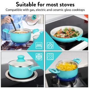 Almcmy Nonstick Cookware Set, 20 Piece Kitchen Cookware Sets, Pots and Pans Cooking Set with Glass Lids, Stay-Cool Handles & Cooking Utensils, PFAS-Free, Dishwasher Safe, Oven Safe, Turquoise