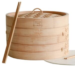 maison lune new bamboo steamer 10 inch - includes 2 pairs of chopsticks, liners 20 pieces, steamer basket for cooking dumpling, dim sum, bao bun, vegetable