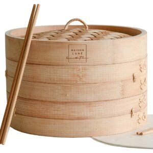 Maison Lune New Bamboo Steamer 10 inch - Includes 2 pairs of Chopsticks, Liners 20 pieces, Steamer Basket for Cooking Dumpling, Dim Sum, Bao Bun, Vegetable