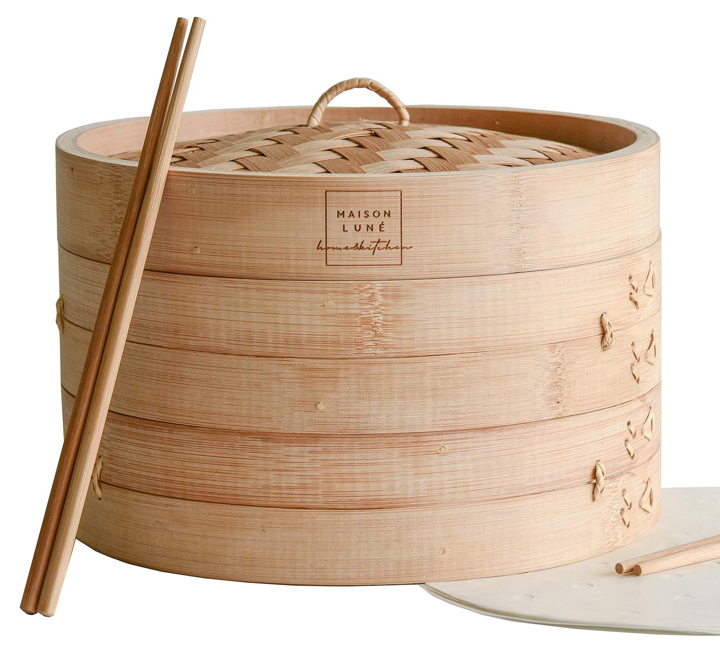 Maison Lune New Bamboo Steamer 10 inch - Includes 2 pairs of Chopsticks, Liners 20 pieces, Steamer Basket for Cooking Dumpling, Dim Sum, Bao Bun, Vegetable