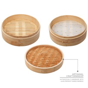 Maison Lune New Bamboo Steamer 10 inch - Includes 2 pairs of Chopsticks, Liners 20 pieces, Steamer Basket for Cooking Dumpling, Dim Sum, Bao Bun, Vegetable