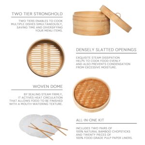 Maison Lune New Bamboo Steamer 10 inch - Includes 2 pairs of Chopsticks, Liners 20 pieces, Steamer Basket for Cooking Dumpling, Dim Sum, Bao Bun, Vegetable