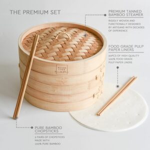 Maison Lune New Bamboo Steamer 10 inch - Includes 2 pairs of Chopsticks, Liners 20 pieces, Steamer Basket for Cooking Dumpling, Dim Sum, Bao Bun, Vegetable