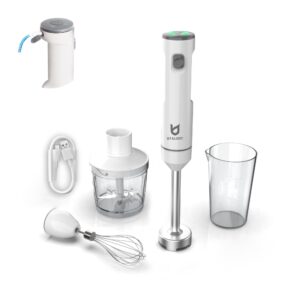 cordless hand blender, utalent variable speed immersion blender rechargeable, with 500ml chopper, 600ml container, egg whisk, for smoothies, baby food and soups – white
