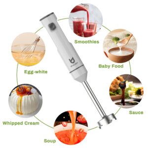 Cordless Hand Blender, UTALENT Variable Speed Immersion Blender Rechargeable, with 500ml Chopper, 600ml container, Egg Whisk, for Smoothies, Baby Food and Soups – White