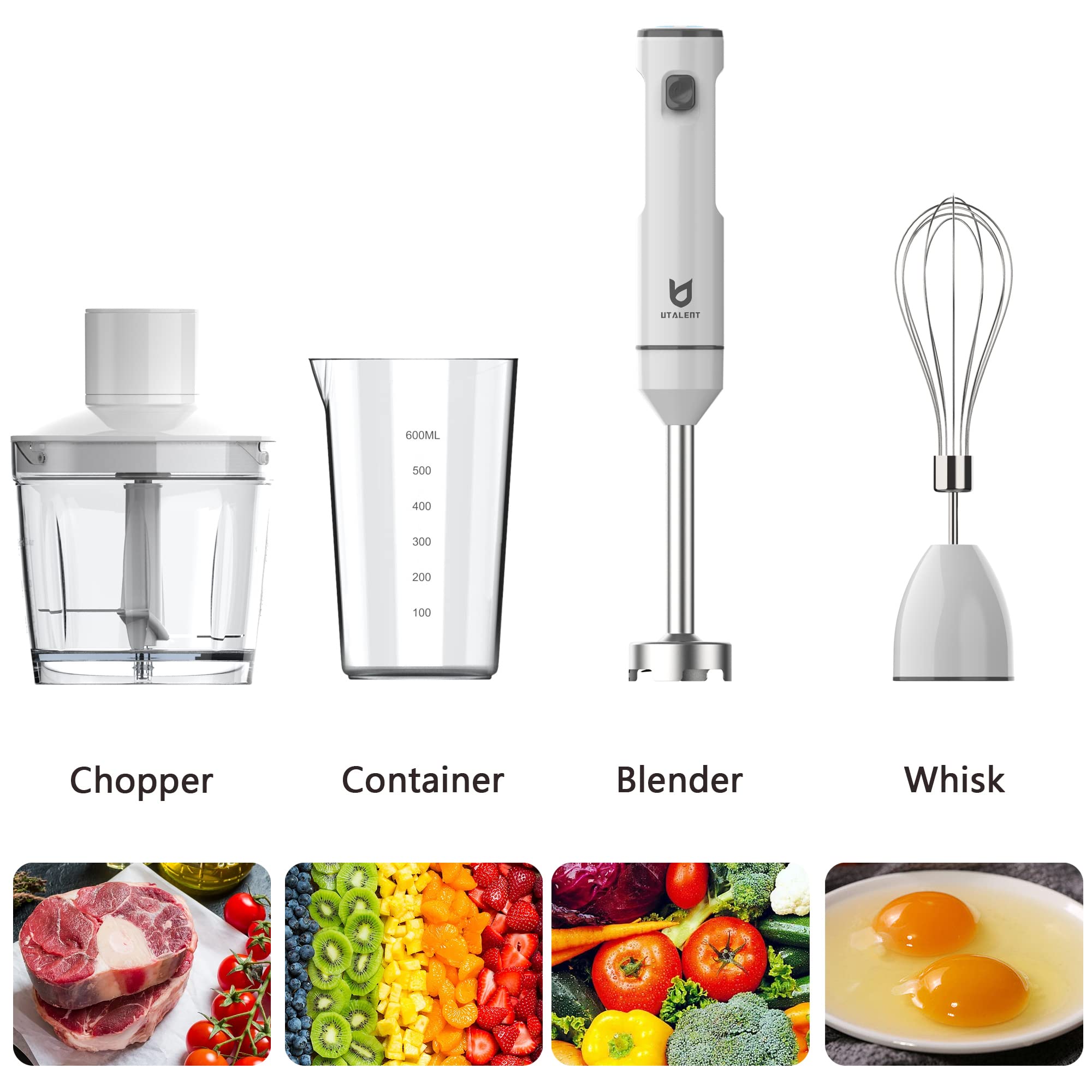 Cordless Hand Blender, UTALENT Variable Speed Immersion Blender Rechargeable, with 500ml Chopper, 600ml container, Egg Whisk, for Smoothies, Baby Food and Soups – White