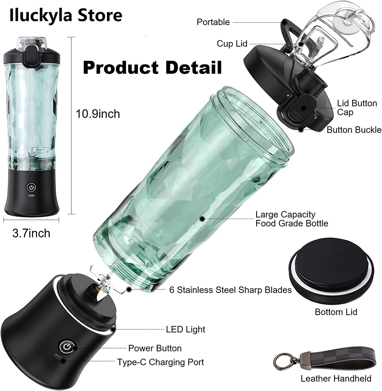 270W Portable Blender, Blenders for Shakes and Smoothies, 20oz (600ml)4000mAh Rechargeable Type-C Personal Blender, Mini Blender with Six Blades,Blender Bottle–Ideal for Traveling, Gym, Office(Blanck)