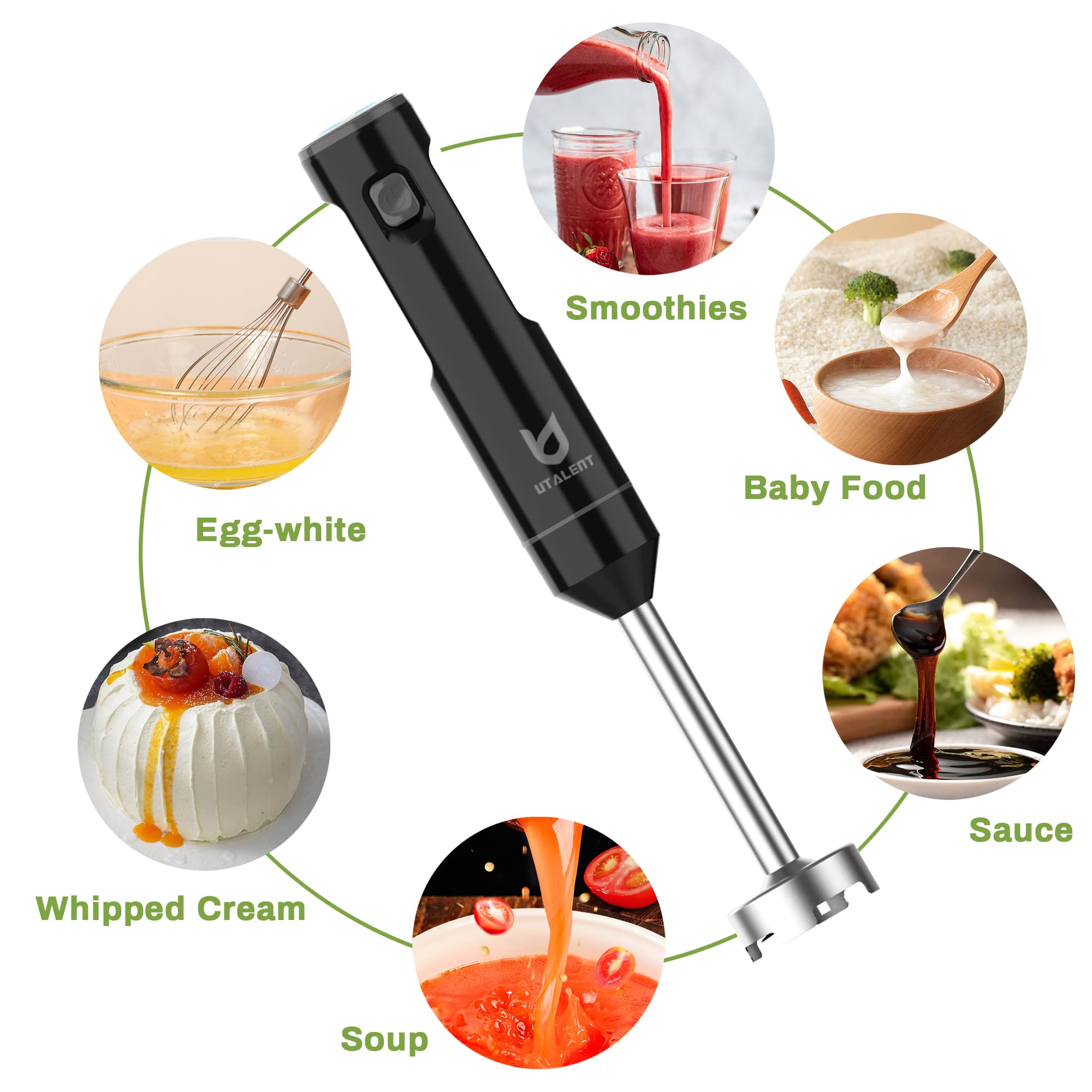 Cordless Hand Blender, UTALENT Variable Speed Immersion Blender handheld Rechargeable, with Fast Charger, Egg Whisk, for Smoothies, Milkshakes, Hummus and Soups – Black