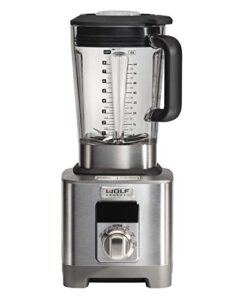 wolf gourmet high-performance blender, 64 oz jar, 4 program settings, 12.5 amps, blends food, shakes and smoothies, silver knob with black knob accessory, stainless steel (wgbl120sr)