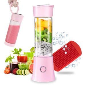 portable blender, smoothie blender with 16oz travel glass cup and lid 4000mah battery strong power personal size blender usb rechargeable mini juicer cup travel blender for with ice tray (pink)