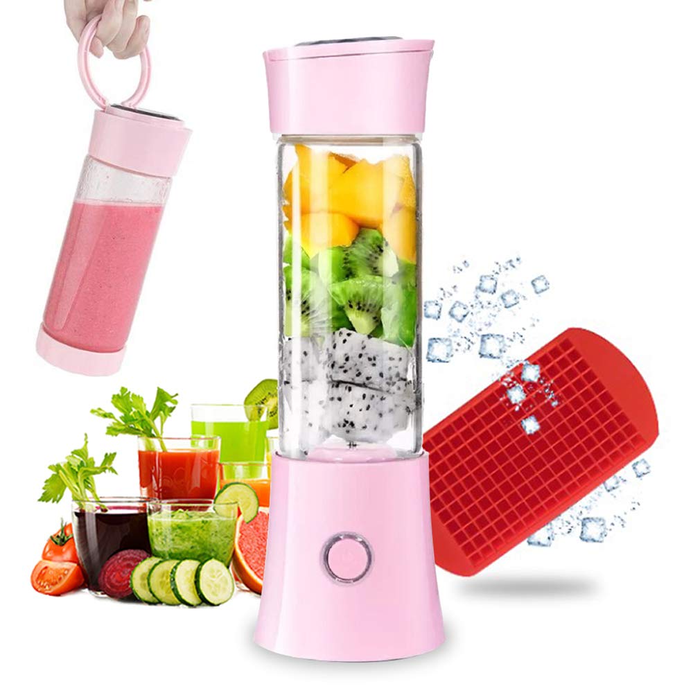 Portable Blender, Smoothie Blender with 16oz Travel Glass Cup and Lid 4000mAh Battery Strong Power Personal Size Blender USB Rechargeable Mini Juicer Cup Travel Blender for with Ice Tray (Pink)