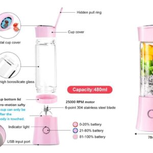 Portable Blender, Smoothie Blender with 16oz Travel Glass Cup and Lid 4000mAh Battery Strong Power Personal Size Blender USB Rechargeable Mini Juicer Cup Travel Blender for with Ice Tray (Pink)