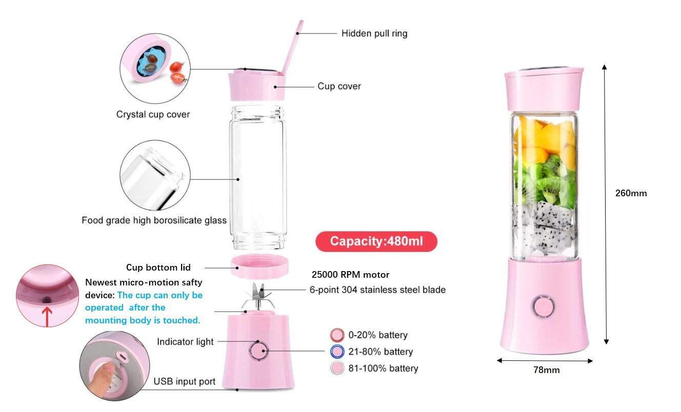 Portable Blender, Smoothie Blender with 16oz Travel Glass Cup and Lid 4000mAh Battery Strong Power Personal Size Blender USB Rechargeable Mini Juicer Cup Travel Blender for with Ice Tray (Pink)