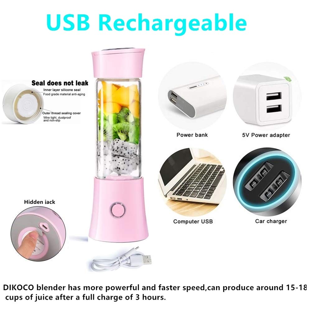 Portable Blender, Smoothie Blender with 16oz Travel Glass Cup and Lid 4000mAh Battery Strong Power Personal Size Blender USB Rechargeable Mini Juicer Cup Travel Blender for with Ice Tray (Pink)