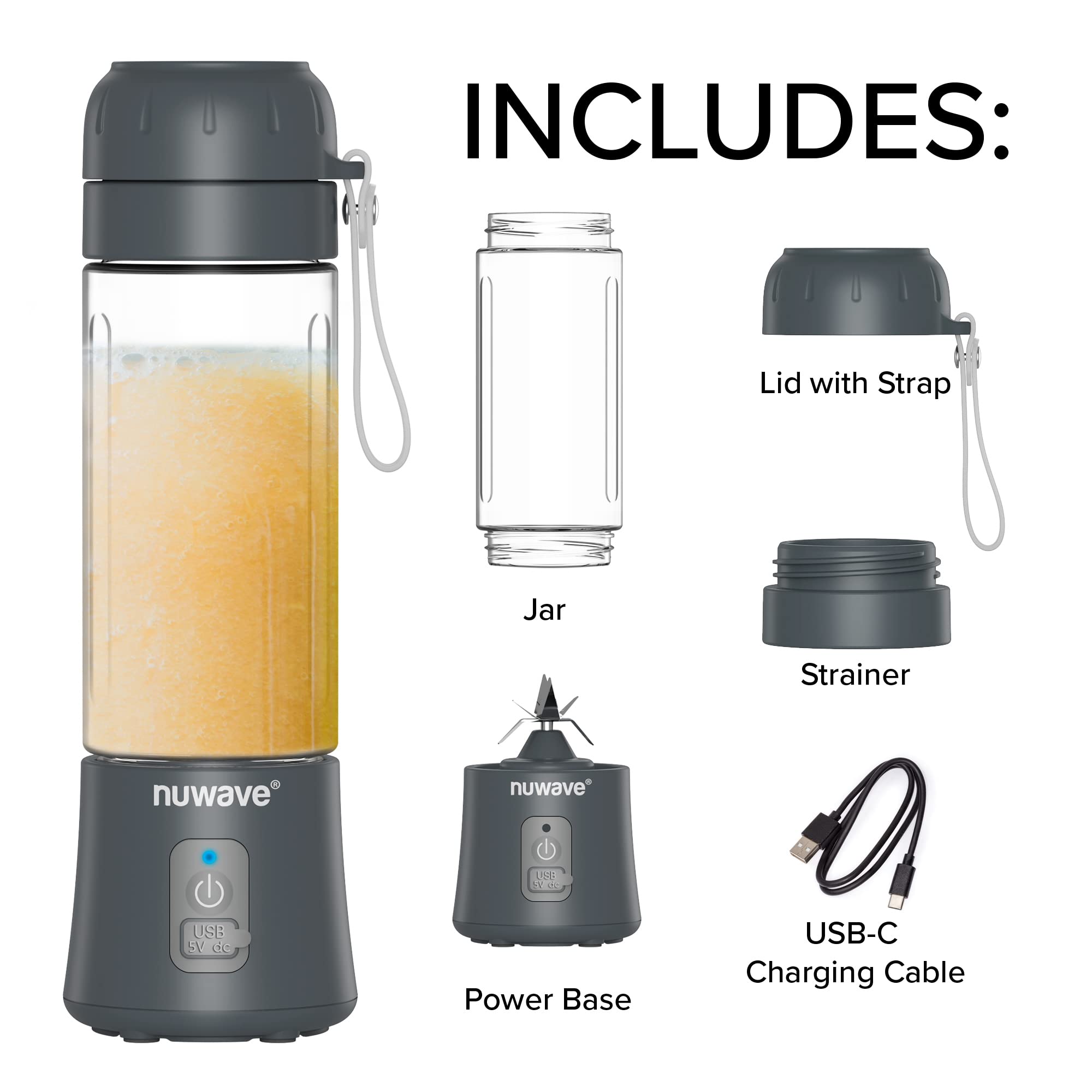 Nuwave Portable Blender for Shakes and Smoothies, On-the-GO Personal Blender with USB-C Rechargeable, 6-Piece-Blade for Crushing Ice, BPA Free 18 Oz Tritan Jar for Travel, Office and Sports