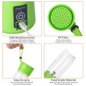 Portable Blender Smoothies Personal Blender Mini Shakes Juicer 380 ml Cup USB Rechargeable Cordless Shaker Bottle (Green) Q2-6888 8x3