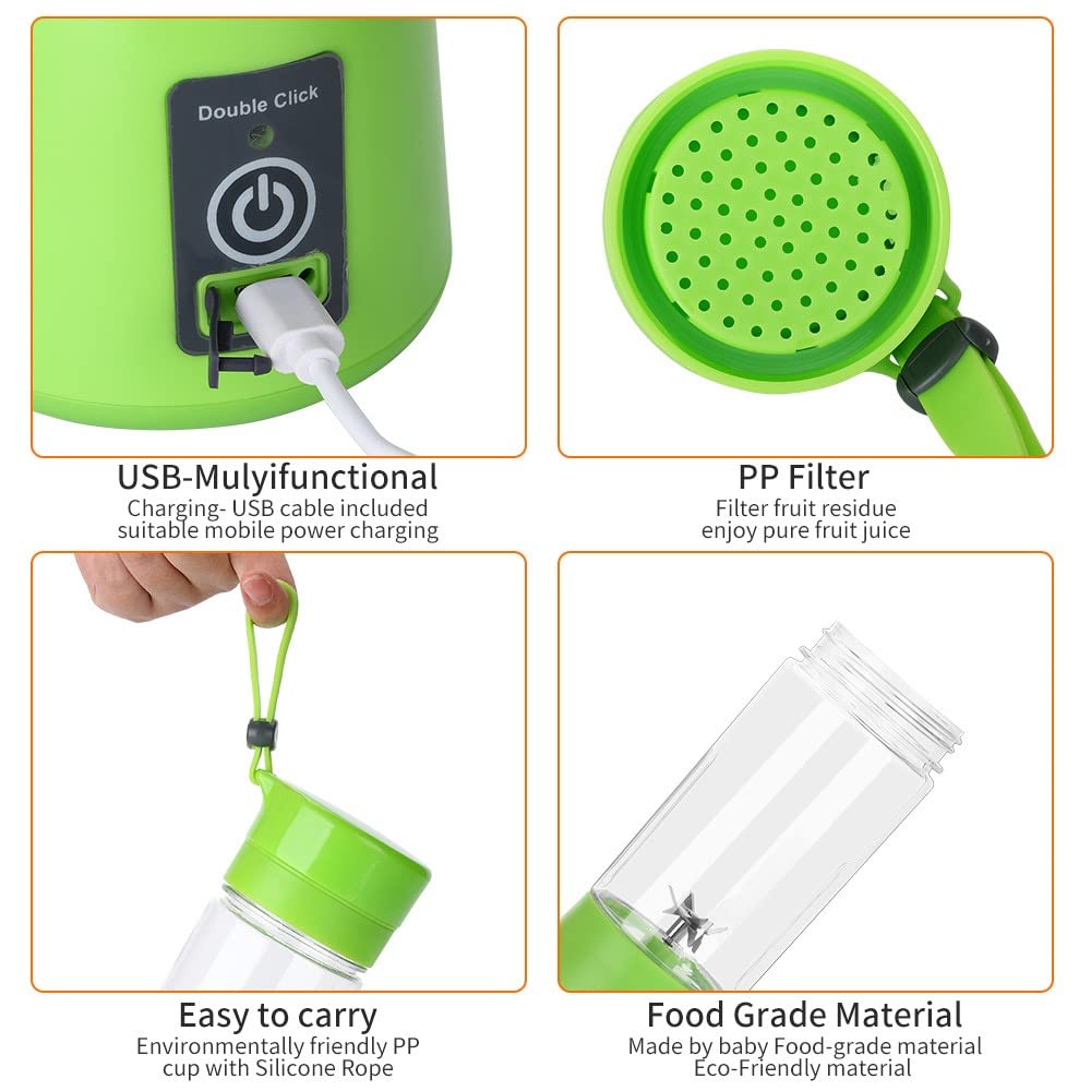 Portable Blender Smoothies Personal Blender Mini Shakes Juicer 380 ml Cup USB Rechargeable Cordless Shaker Bottle (Green) Q2-6888 8x3