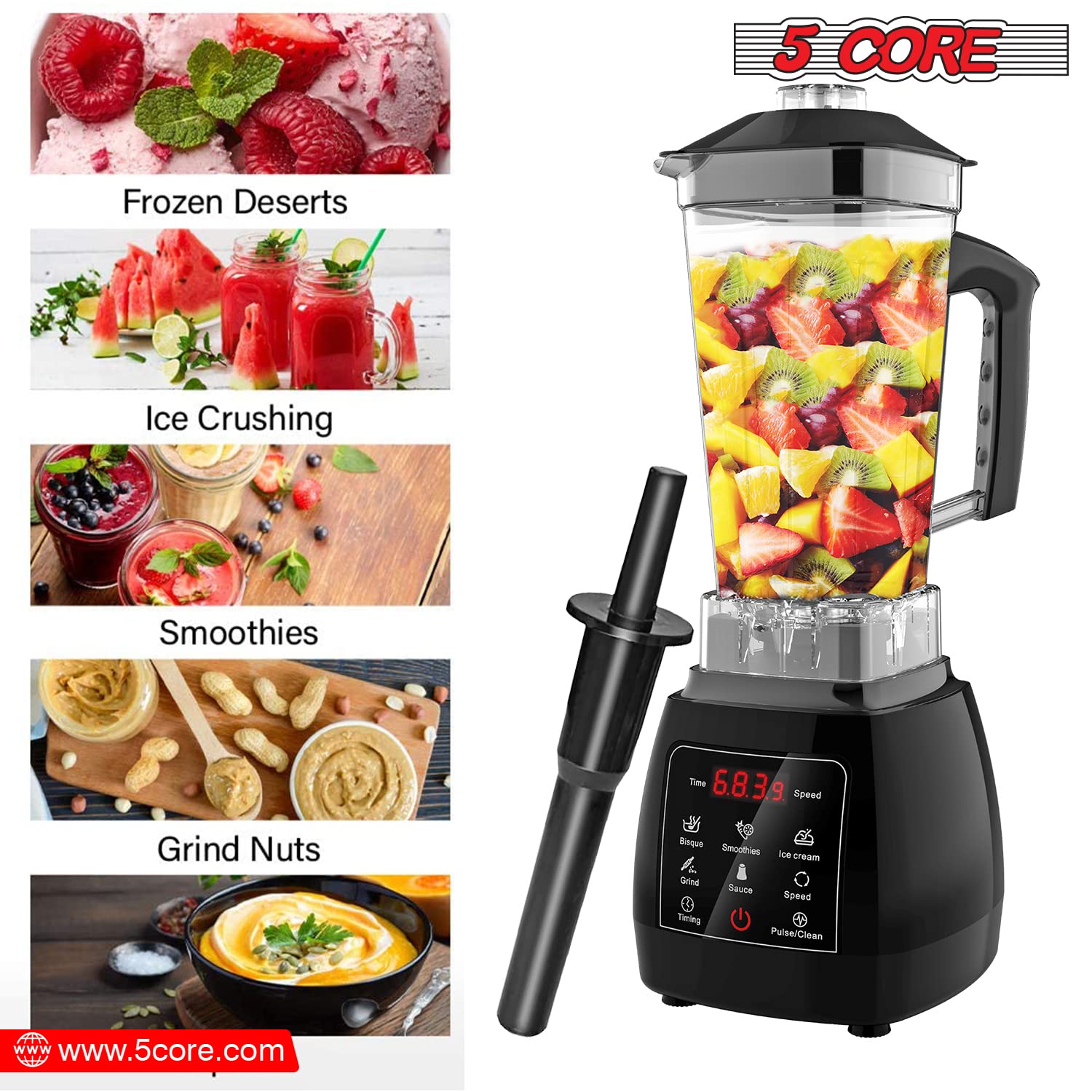 5 Core 2L Professional Countertop Blender Touch Screen For Kitchen 68 Oz 2000W High Speed BPA Free 6 Titanium Blade Smoothie Blender Electric For Soup Shake Juice Multi-Speed Digital JB 2000 D