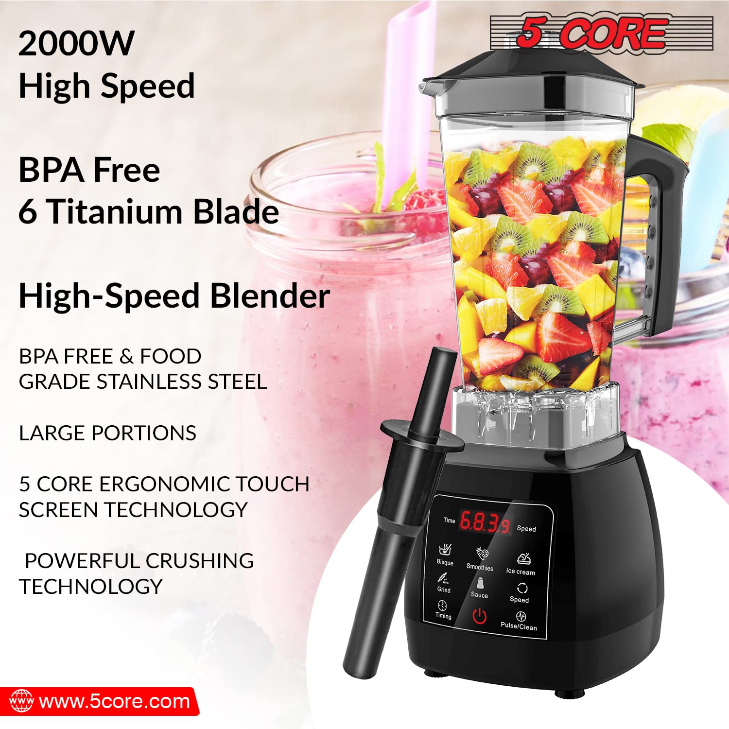 5 Core 2L Professional Countertop Blender Touch Screen For Kitchen 68 Oz 2000W High Speed BPA Free 6 Titanium Blade Smoothie Blender Electric For Soup Shake Juice Multi-Speed Digital JB 2000 D