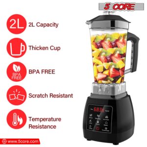 5 Core 2L Professional Countertop Blender Touch Screen For Kitchen 68 Oz 2000W High Speed BPA Free 6 Titanium Blade Smoothie Blender Electric For Soup Shake Juice Multi-Speed Digital JB 2000 D