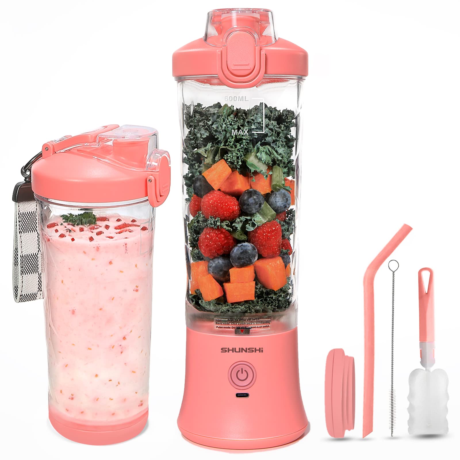 2 Portable Blender, Personal Size Blender for Shakes and Smoothies with 6 Blades Mini Blender 20 Oz for Kitchen,Home,Travel(White+Pink)