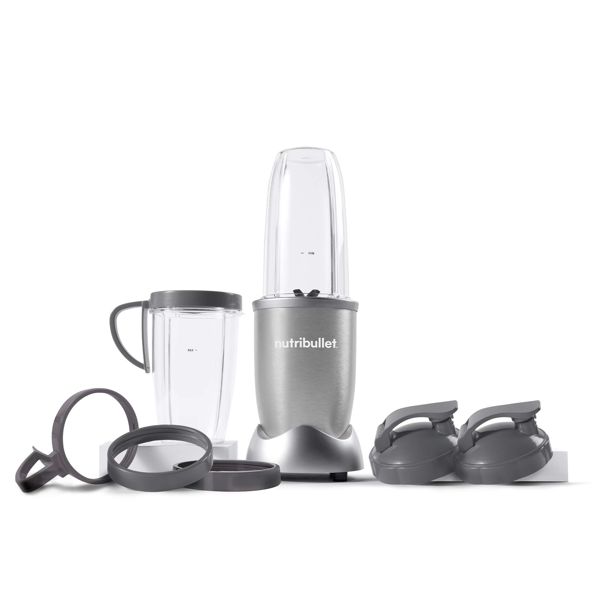 NutriBullet NB9-1301S Pro 13 Pcs Silver, 900W & 24 Ounce Tall Cup with Standard Lip Ring, Clear/Gray