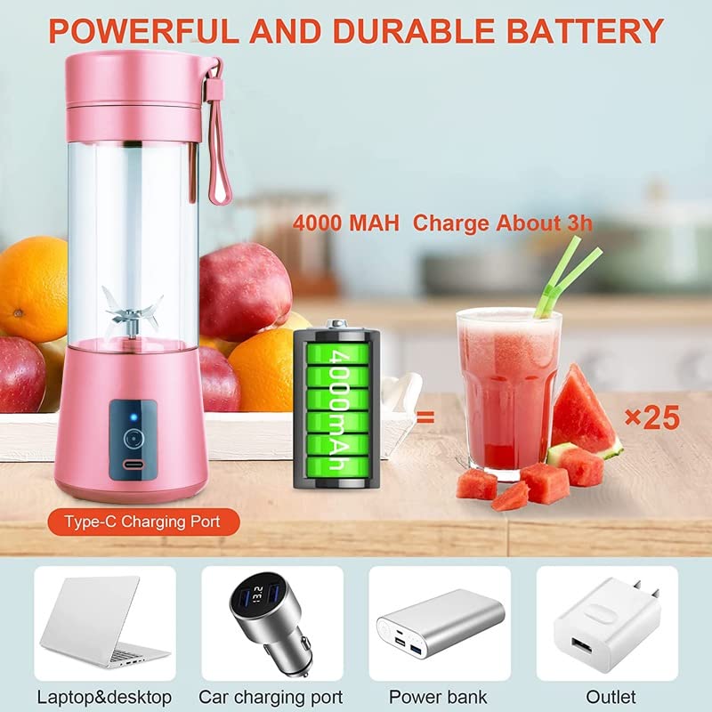 USB Portable Blender Juicer Cup, 3CPRECIOUS Fruit Juice mixer, Mini Portable Rechargeable Battery/Juicing Blender Mixer, 380ml (Pink)