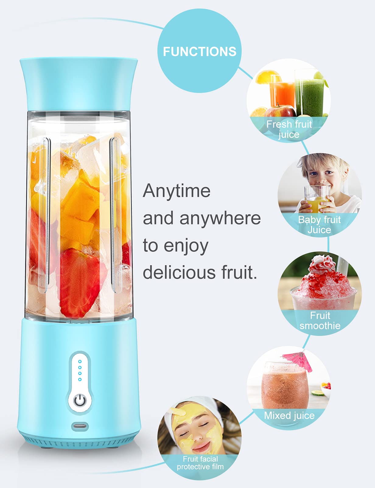 MPWHYL Portable Blender, Personal Blender Smoothies and Shakes, Type-C Rechargeable 4000mAh Mini Blender with 500ml Bottle,IPX7 Waterproof Small Blender Single Juicers (Blue)