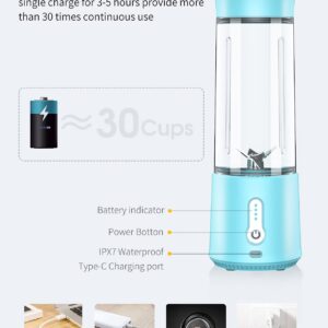 MPWHYL Portable Blender, Personal Blender Smoothies and Shakes, Type-C Rechargeable 4000mAh Mini Blender with 500ml Bottle,IPX7 Waterproof Small Blender Single Juicers (Blue)