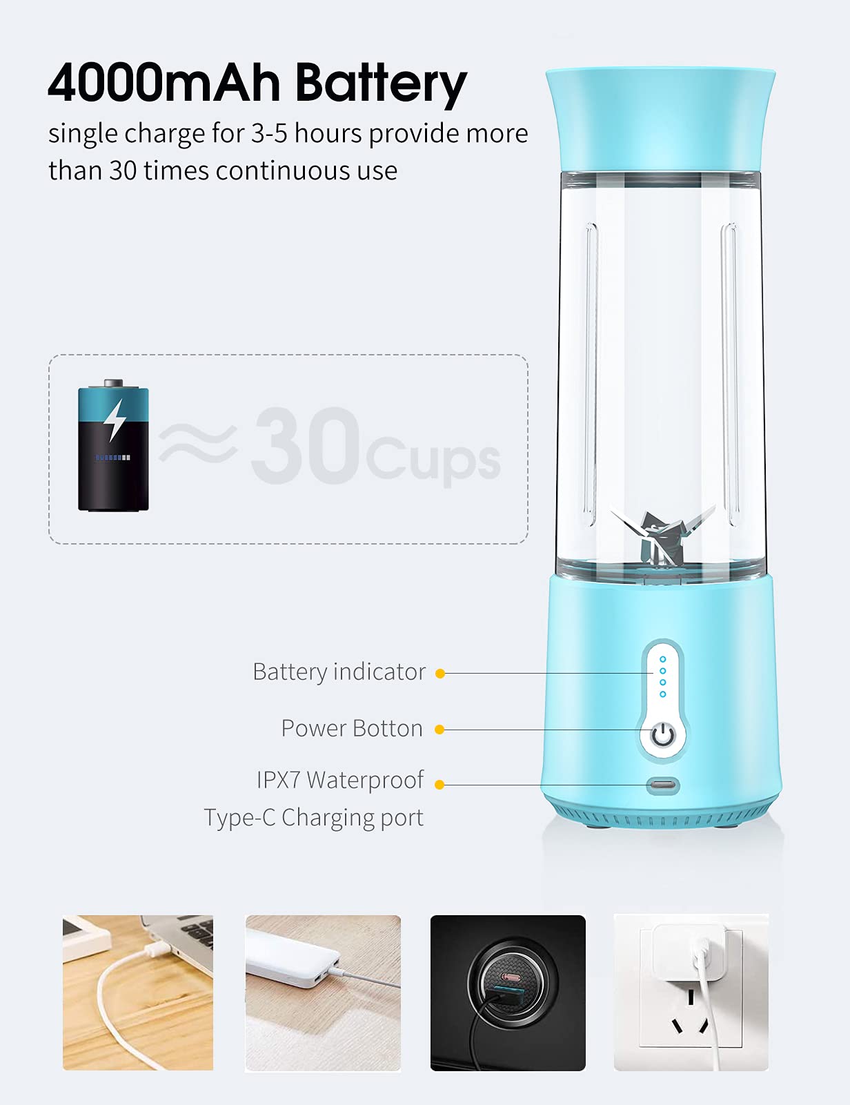 MPWHYL Portable Blender, Personal Blender Smoothies and Shakes, Type-C Rechargeable 4000mAh Mini Blender with 500ml Bottle,IPX7 Waterproof Small Blender Single Juicers (Blue)