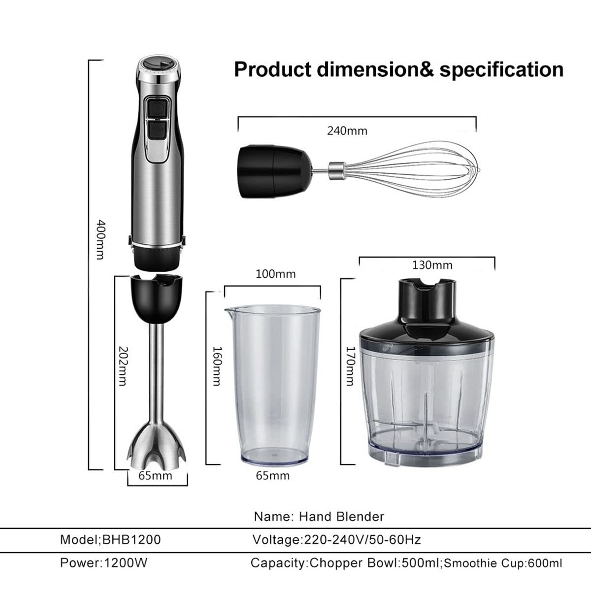 Immersion Multi-Purpose Hand Blender Heavy Duty Copper Motor Stainless Steel Finish Includes Whisk Attachment, Chopper and Smoothies Cup