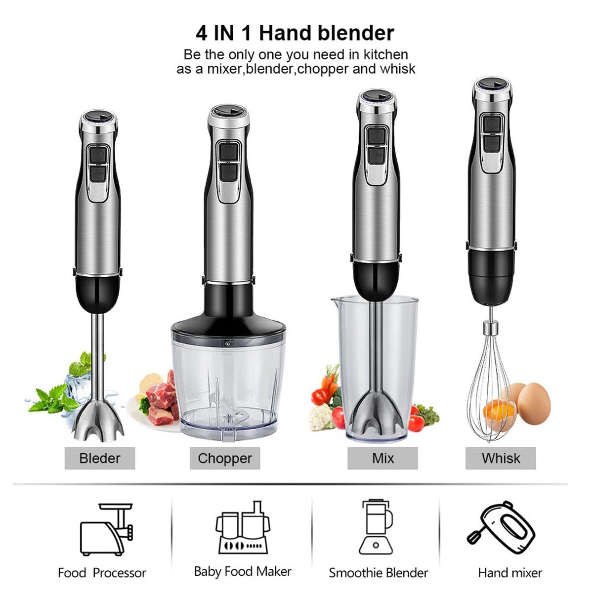 Immersion Multi-Purpose Hand Blender Heavy Duty Copper Motor Stainless Steel Finish Includes Whisk Attachment, Chopper and Smoothies Cup