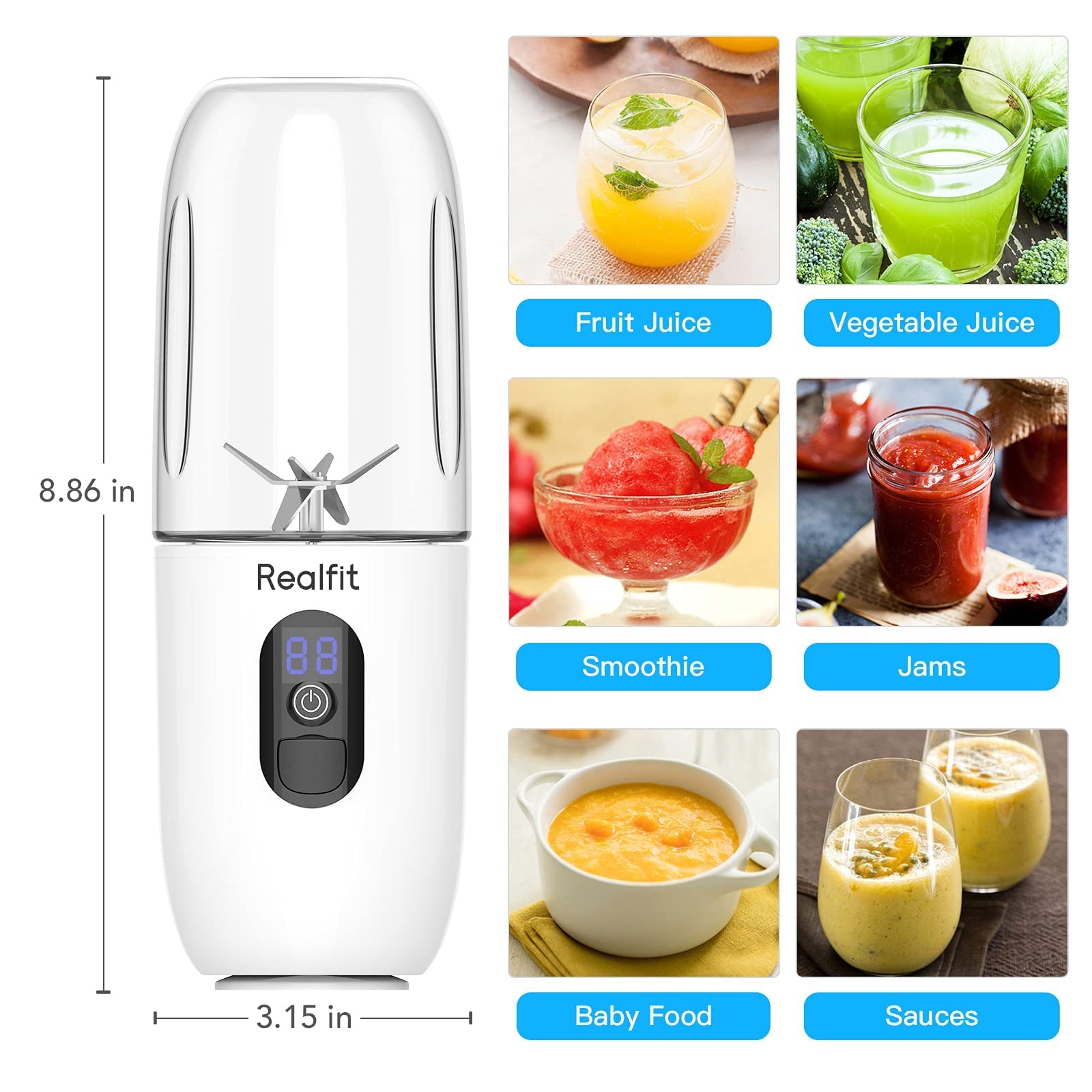 Portable Blender , Personal Blender for Shakes and Smoothies, Realfit 4800mAh USB Handheld Blender Mixer, 【Newest 2022】17 Oz Small Blender Rechargeable with Six Large Blades (white)