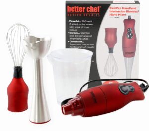 better chef immersion blender with whisk attachment | 2-speed 200-watt motor | stainless blending & whisk attachment | rubberized grip | measuring cup (red)