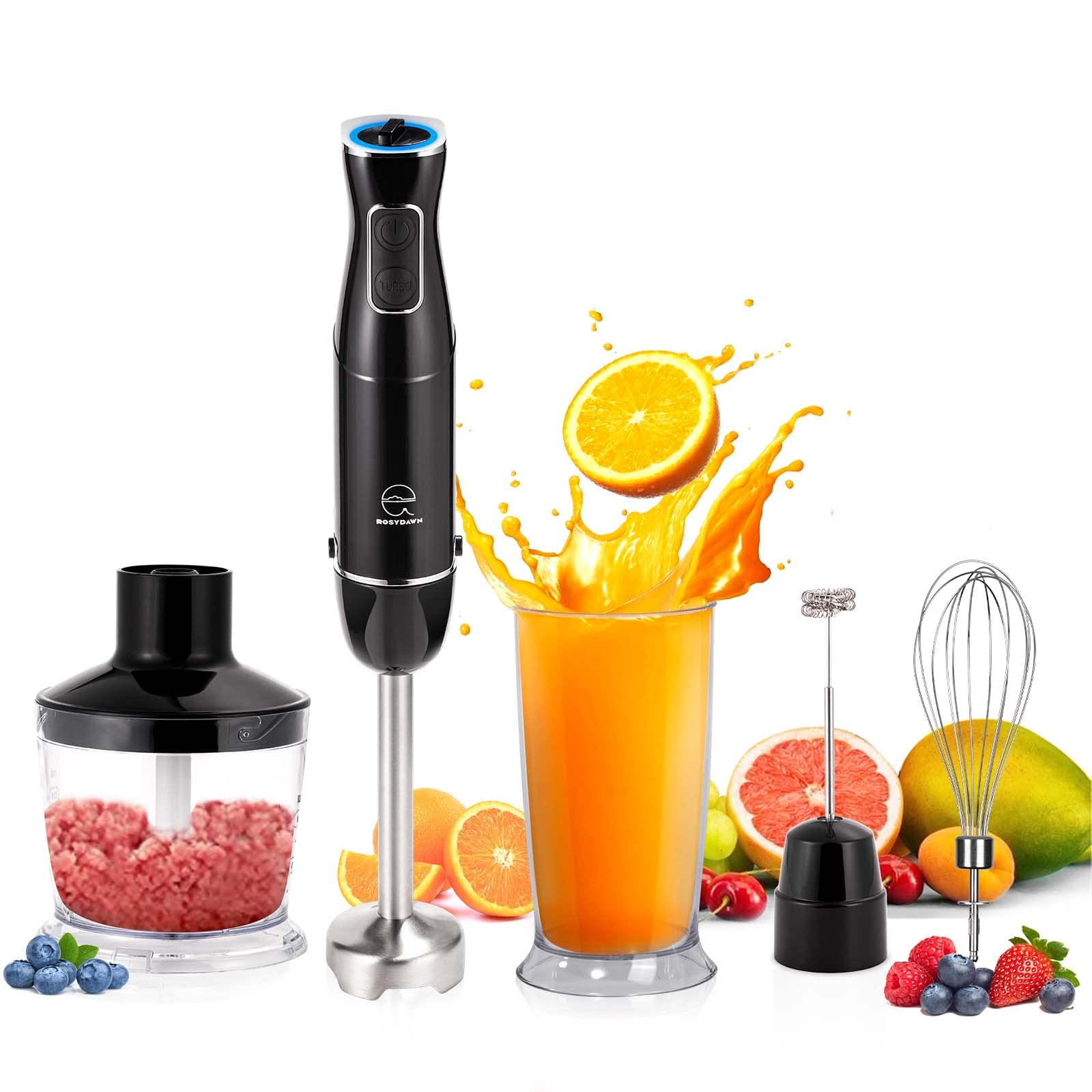 Immersion Blender Handheld,1200W 12-Speed Hand Blender, 5 in 1 Emersion Stick Blender Electric, 600ml Beaker, 500ml Chopper, Egg Whisk, Milk Frother, Black