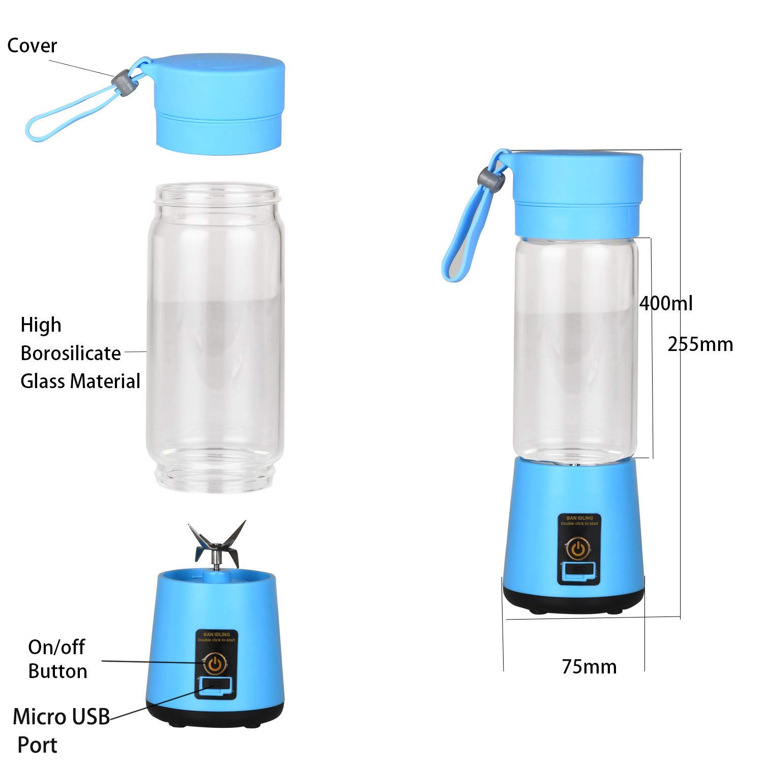 Cotsoco Portable Electric Juicer Cup, USB Rechargeable Personal-use Blender, 400ml Capacity, Blue