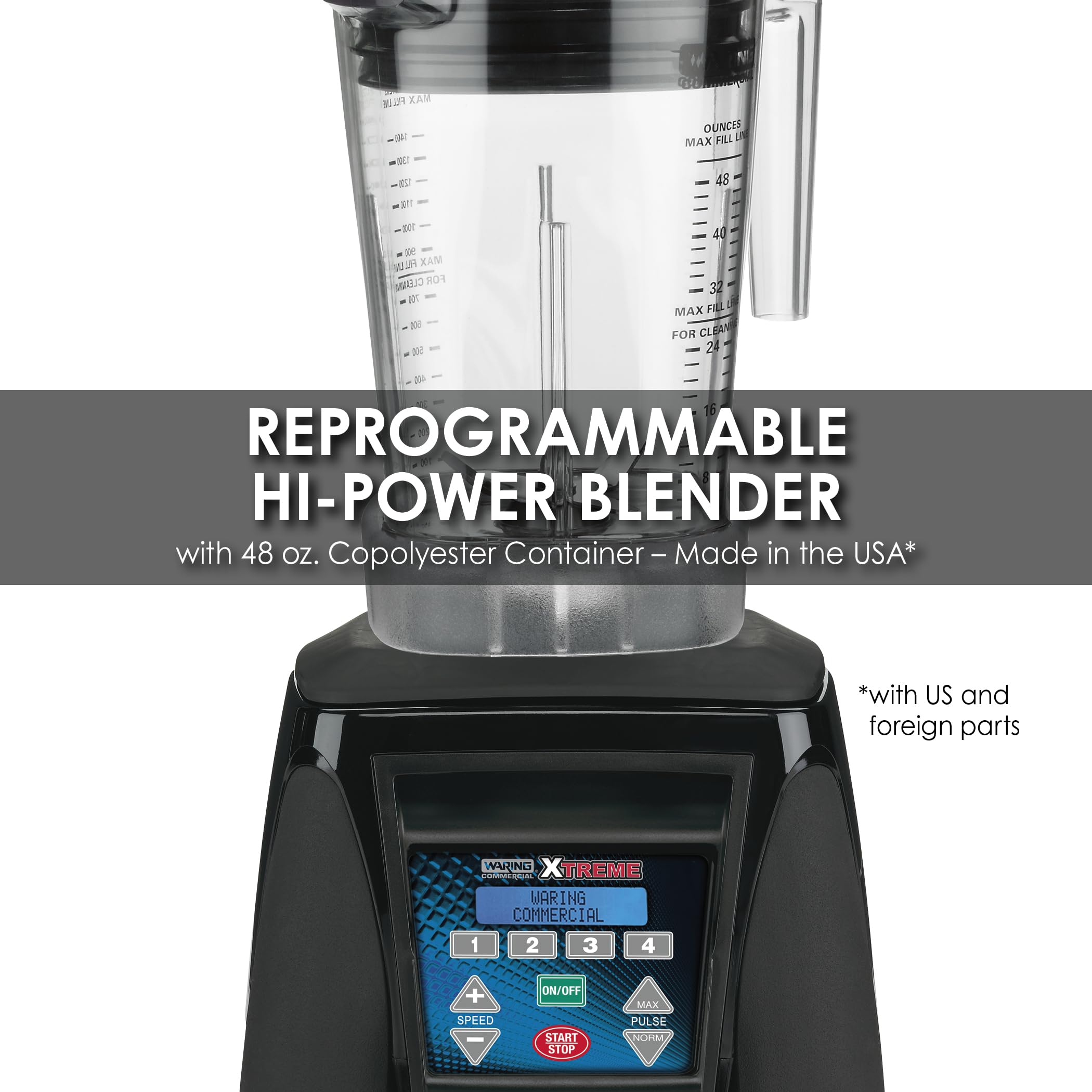 Waring Commercial MX1300XTXP 3.5 HP Blender with 4 recipe programable LCD Display and a 48 oz. BPA Free Copolyester Container, 120V, 5-15 Phase Plug
