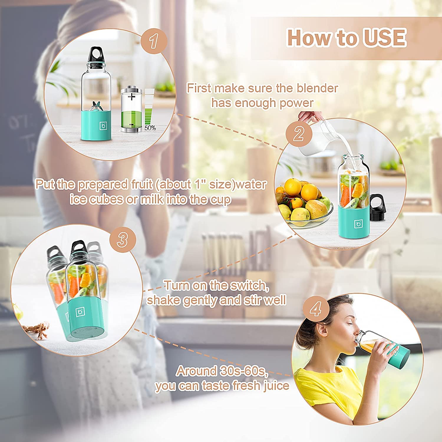 Portable Personal Mini Smoothie Blender: USB rechargeable battery operated bottle blender, Neon blue