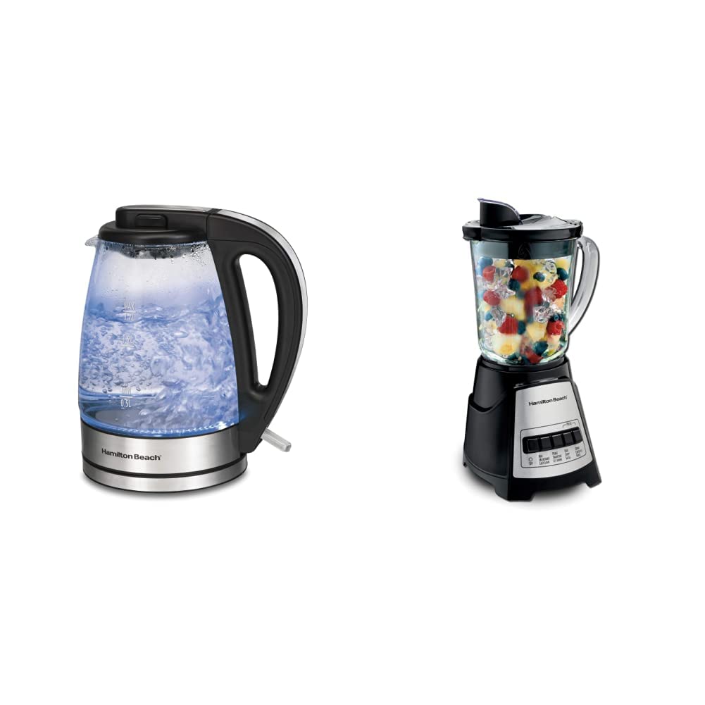 Hamilton Beach 40864 Electric Tea Kettle, 1.7 L, Clear Glass & 58148A Blender to Puree - Crush Ice - and Make Shakes and Smoothies - 40 Oz Glass Jar - 12 Functions - Black and Stainless