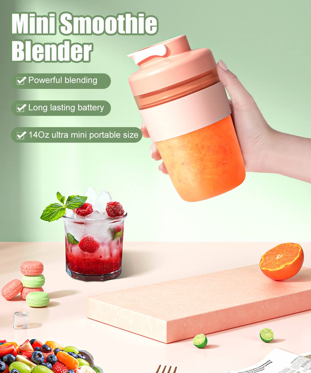 14Oz Mini Portable Blender for Shakes and Smoothies, Personal Size Blender for Traveling, Outdoor, Gym, Office, Rechargeable Mini Juicer Cup with Ice Cube Tray Included