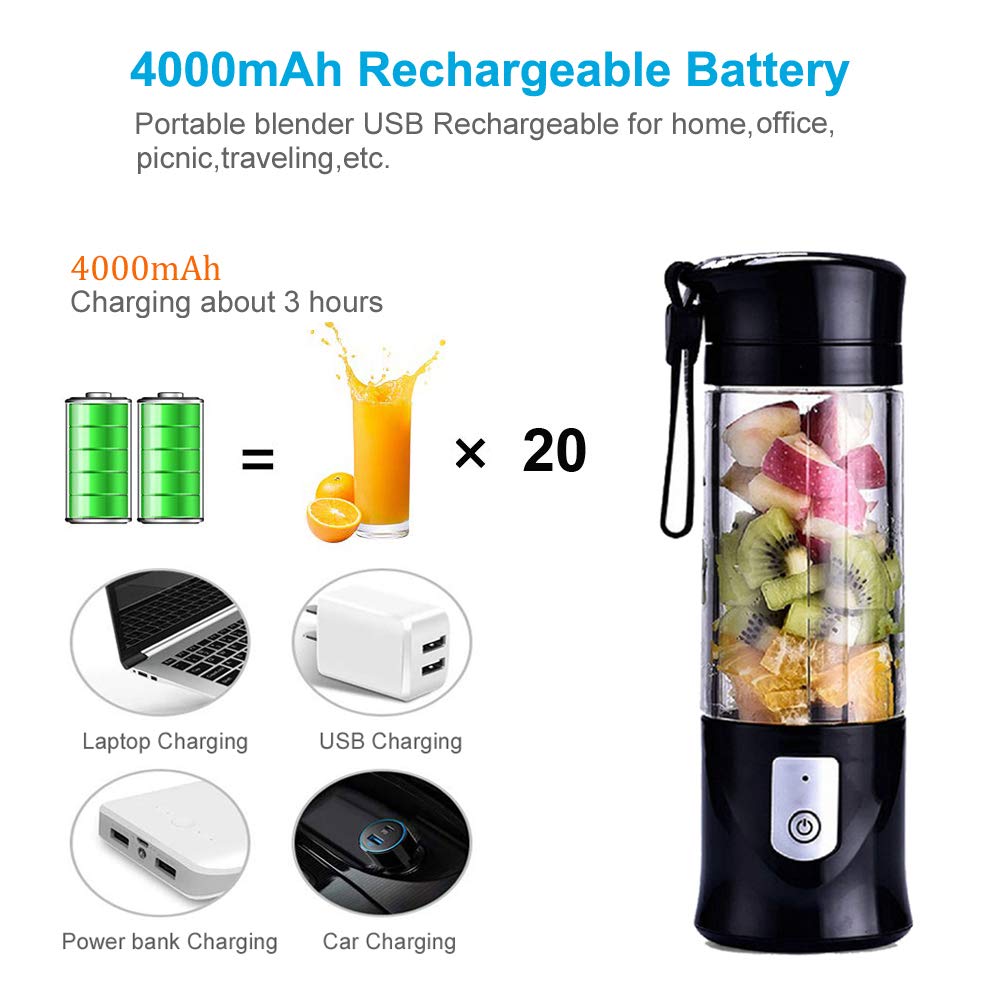 Portable Blender, Cordless Mini Personal Blender Juicer Cup, Single Serve Fruit Mixer, Small Travel Blender for Shakes and Smoothies, with 4000mAh USB Rechargeable Battery, 420ml, BPA-Free (Black)