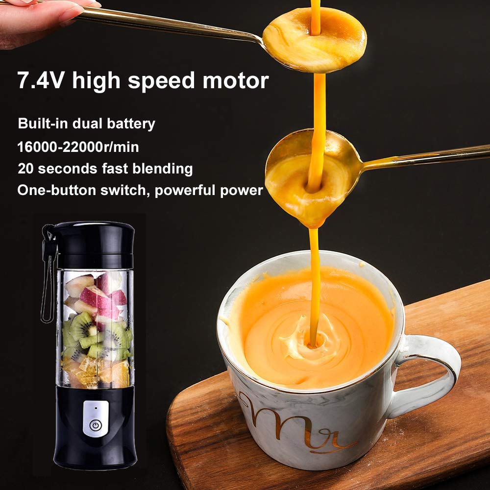 Portable Blender, Cordless Mini Personal Blender Juicer Cup, Single Serve Fruit Mixer, Small Travel Blender for Shakes and Smoothies, with 4000mAh USB Rechargeable Battery, 420ml, BPA-Free (Black)